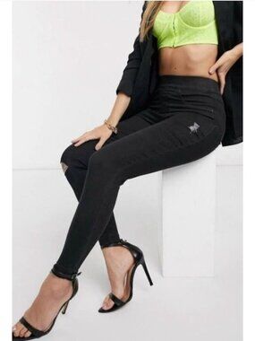 Spanx Black Distressed Skinny Jeggings Jeans Pants Ripped High Waisted Small